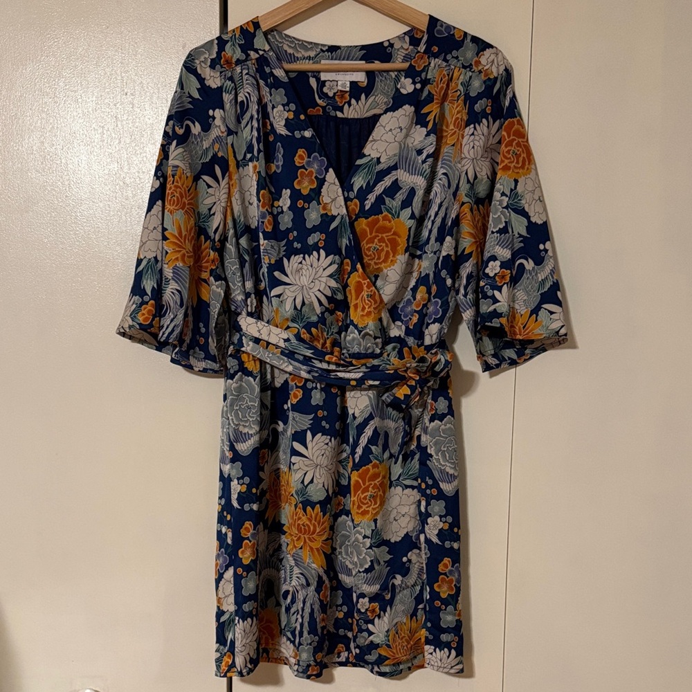 Floral Navy Wrap Dress with Gold Accents